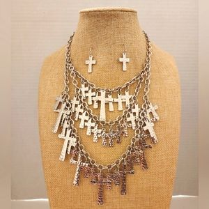 Treska Silver Cross Multi-Layer Statement Matching Necklace and Earrings